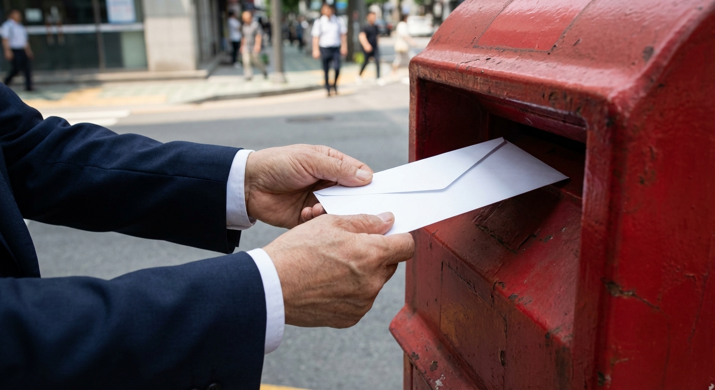 정장을 입은 공무원의 손이 공식 서류가 담긴 흰 봉투를 우편함에 넣는 모습을 클로즈업한 사진. 환수 절차 중 하나인 처분 사전 통지서 발송 단계를 보여줌.