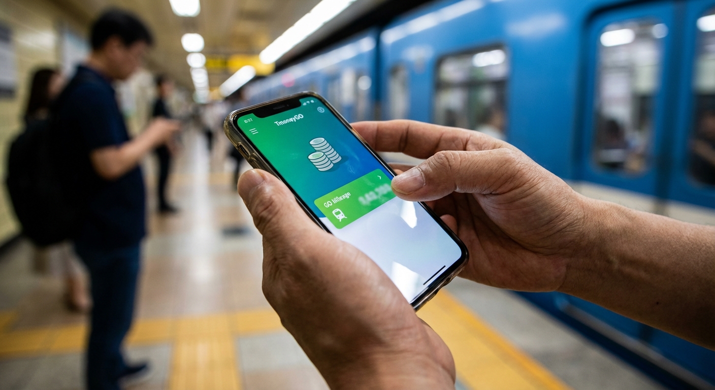 지하철 역 플랫폼에서 티머니GO 앱으로 GO마일리지 또는 할인 혜택을 확인하는 한국 성인의 손.