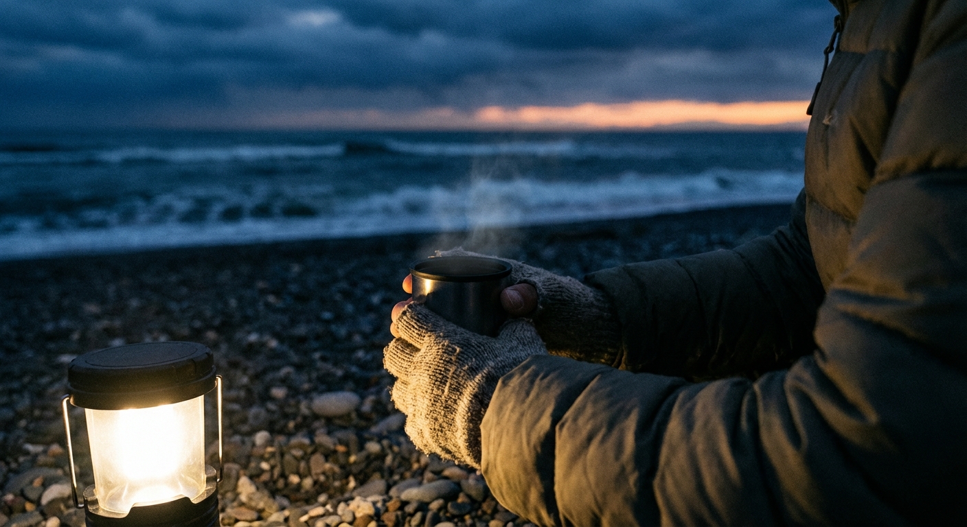 따뜻한 겨울옷을 입은 한국 성인이 따뜻한 보온병 컵을 들고 있는 모습