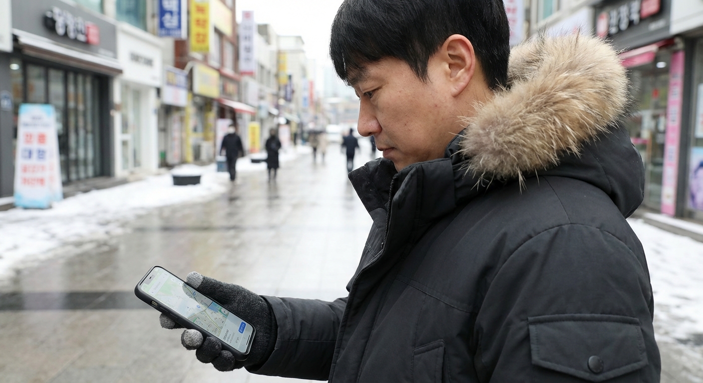 따뜻한 겨울 코트를 입은 한국인 성인이 스마트폰 내비게이션 앱을 보고 있는 모습으로, 배경은 가볍게 눈 덮인 의정부 시내 거리다.