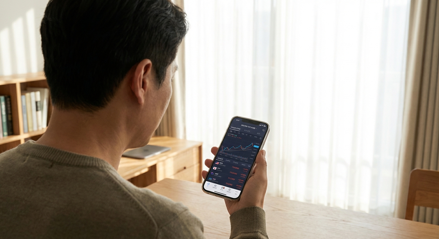 해외 주식 차트를 진지하게 보는 한국 성인과 스마트폰