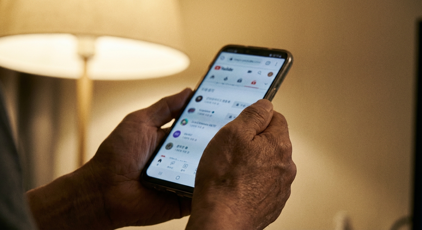 스마트폰 모바일 웹 브라우저에서 유튜브 구독 관리 페이지를 보고 있는 한국 성인의 손 클로즈업