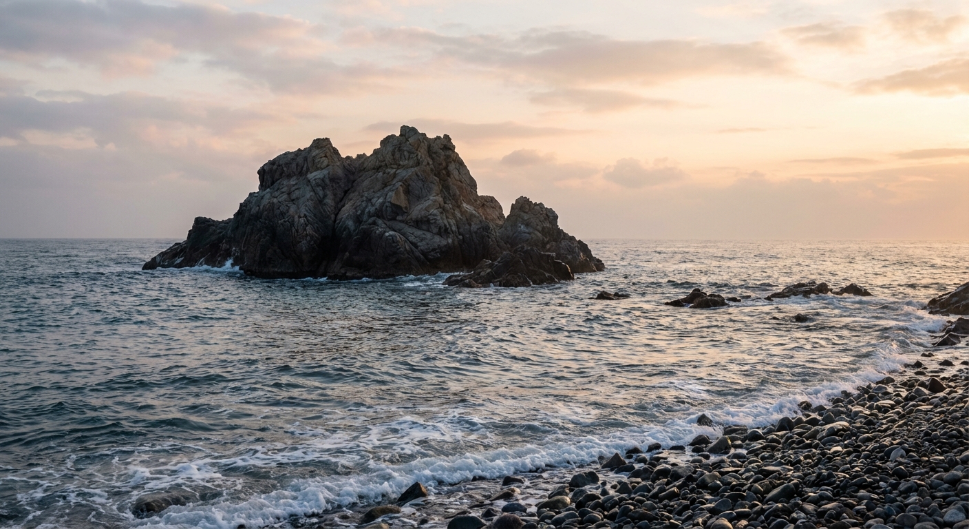 동해 바다 위 문무대왕릉 바위의 웅장한 모습을 담은 풍경 이미지