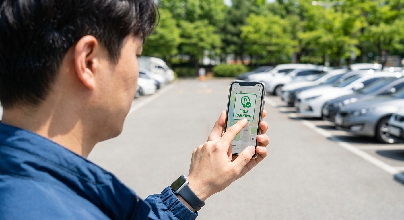 2026년 설날 무료주차장 완벽 가이드: 명절 주차 걱정 끝 3 한 한국인 성인 남성의 손이 '무료 주차' 아이콘이 표시된 주차 앱을 스마트폰 화면에서 탭하는 모습의 클로즈업 사진