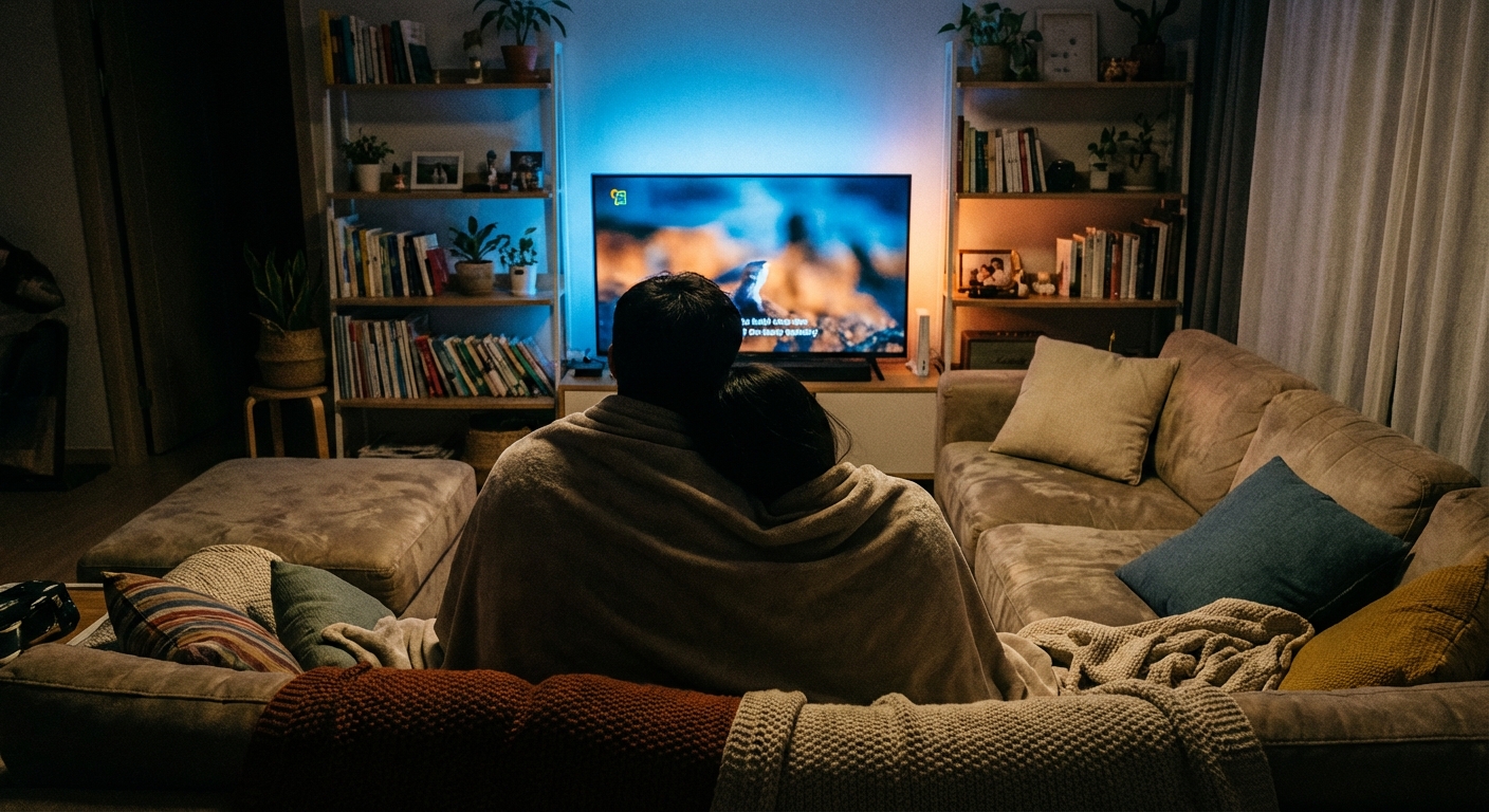 어두운 거실 소파에 앉아 텔레비전으로 티빙을 시청하고 있는 커플의 뒷모습.