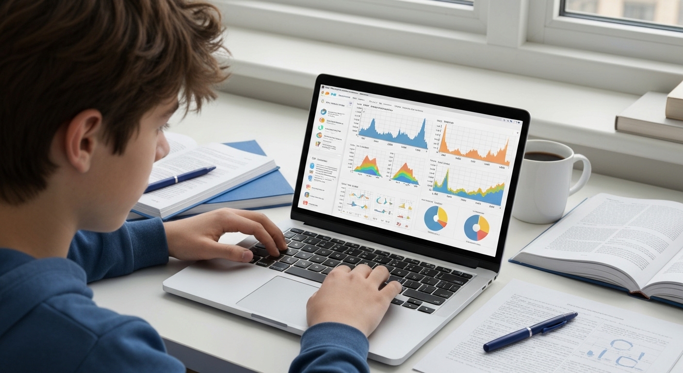 파이썬으로 미세먼지 데이터를 분석하고 그래프를 보는 중학생의 모습