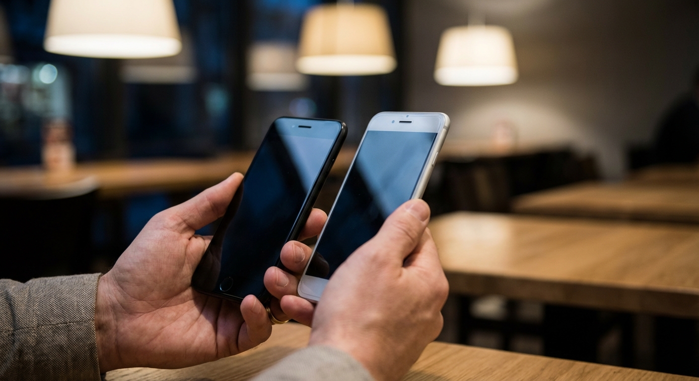 한국 성인의 두 손이 스마트폰 두 대를 나란히 들고 있는 클로즈업 샷.