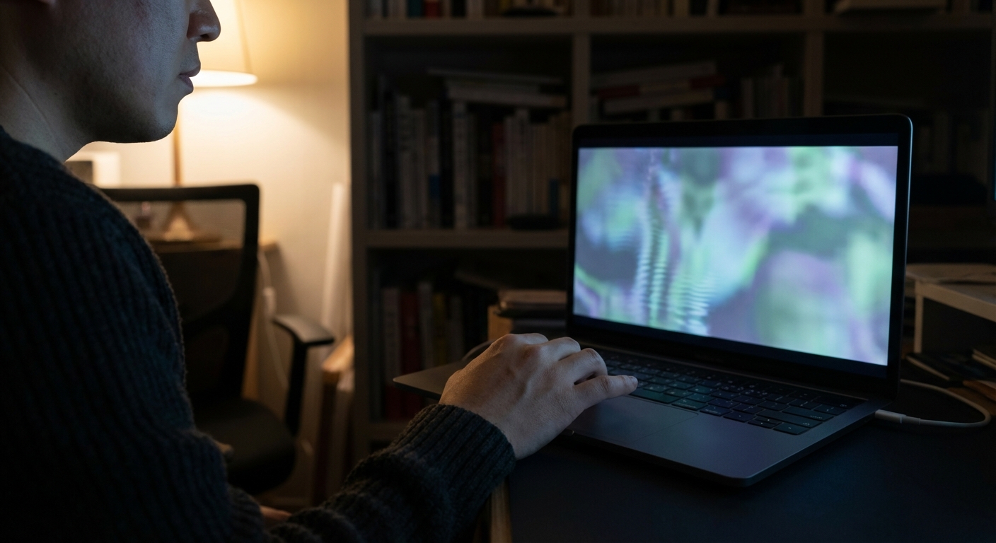 2026년 최신 Kling AI 사용법: 우리 집 반려동물 AI 댄스 영상 만들기 완벽 가이드 4 한국인 성인 남성 또는 여성의 손이 마우스를 잡고 AI 생성 영상을 주의 깊게 검토하는 뒷모습.