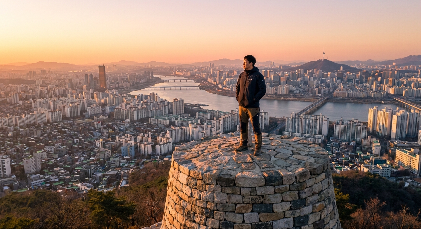 안산 봉수대에서 홀로 서울 파노라마 뷰를 내려다보며 일출을 감상하는 한국 성인