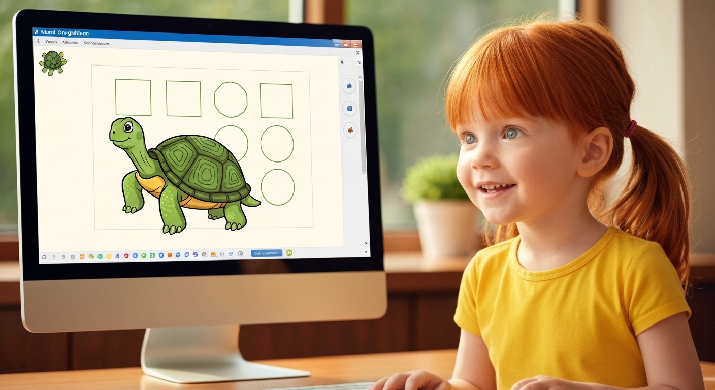 파이썬 터틀 그래픽으로 사각형과 원을 그리는 모습과 그것을 바라보는 아이