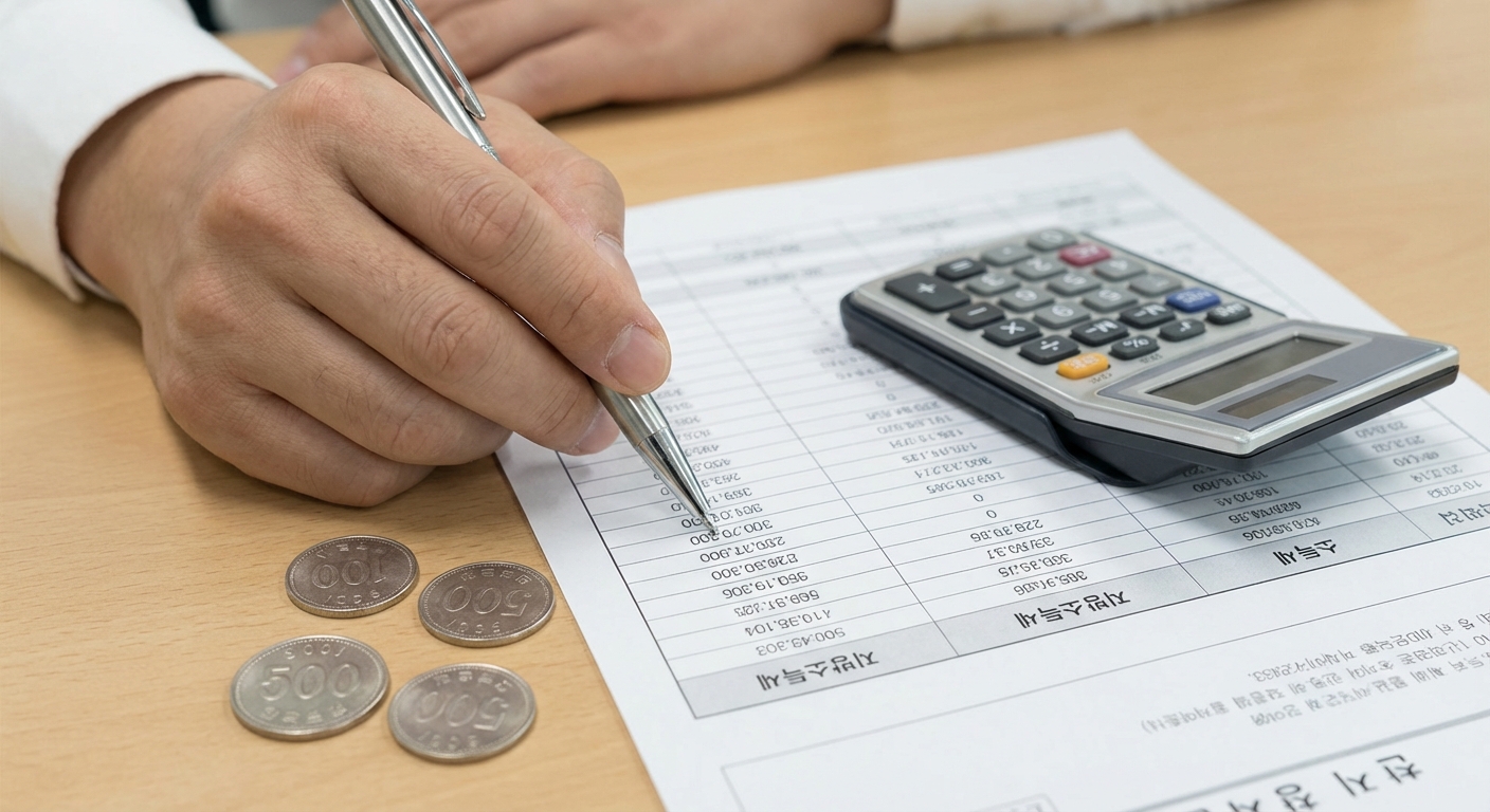 2026 연말정산 절세 팁, 세금 폭탄 피하는 법 1 사무실 책상에서 한국 성인이 펜으로 세금 서류의 숫자를 가리키며 계산기, 동전과 함께 연말정산을 준비하는 모습.