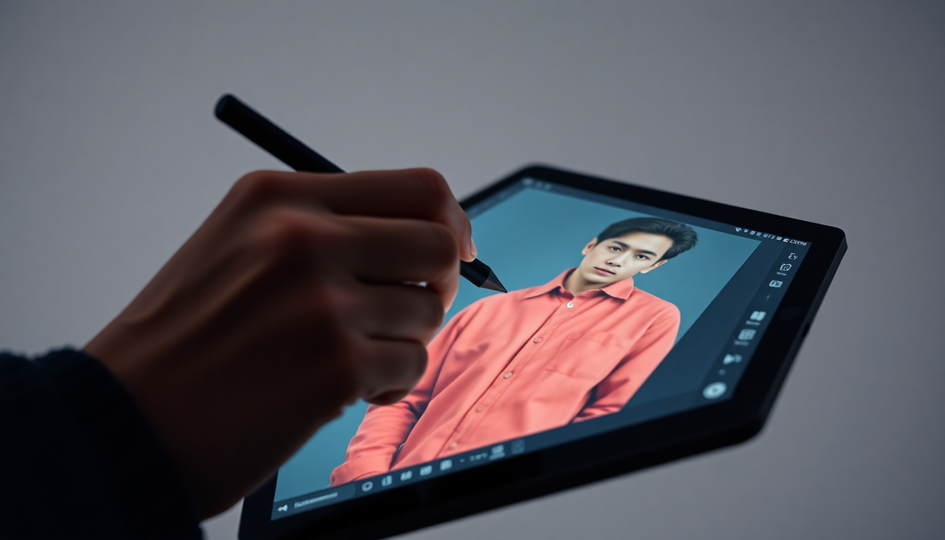태블릿 화면 속 인물 사진의 옷 색상을 스타일러스 펜으로 수정하는 AI 이미지 편집 기능.