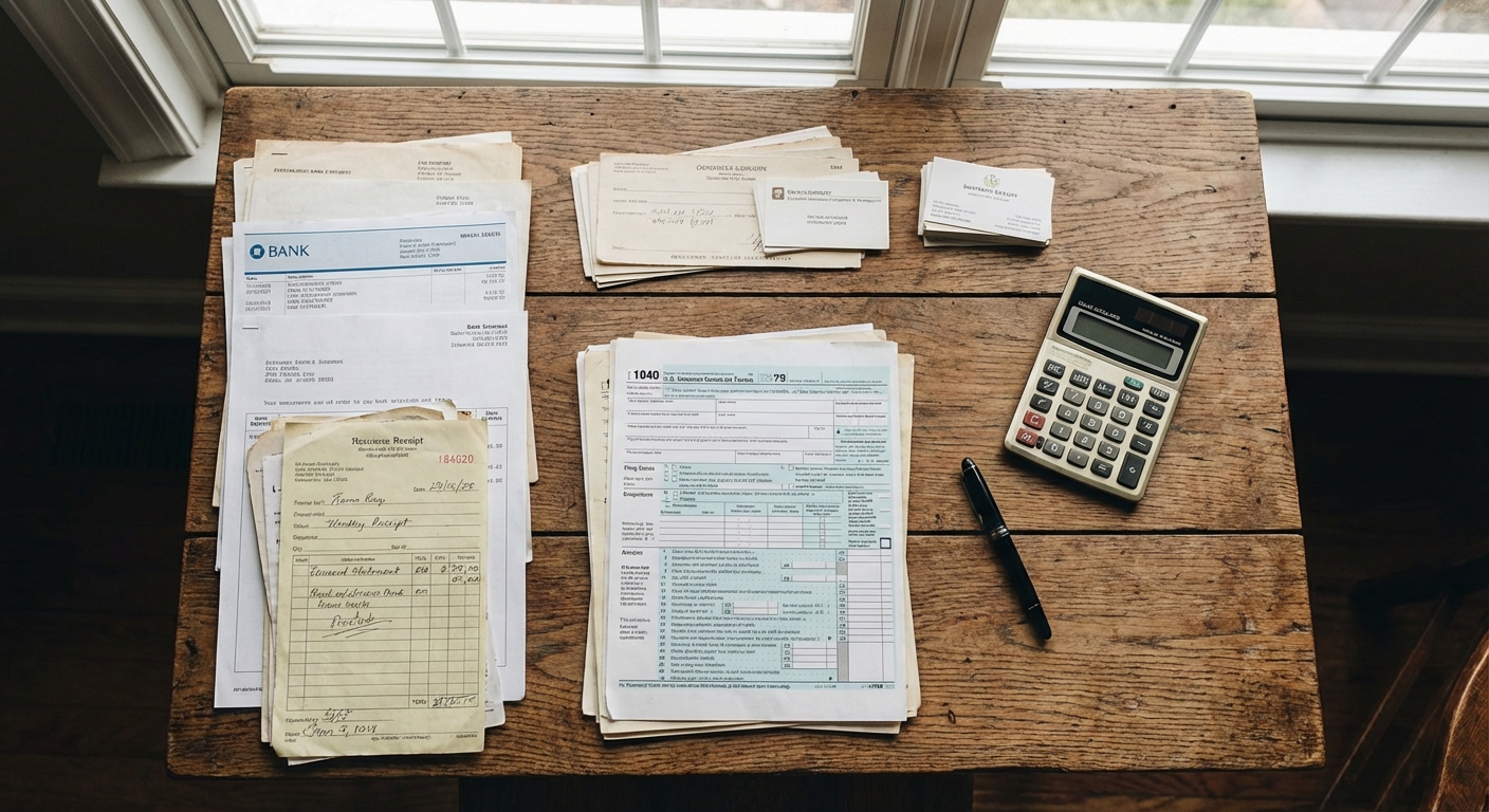 나무 책상 위에 깔끔하게 정리된 영수증과 세금 서류들