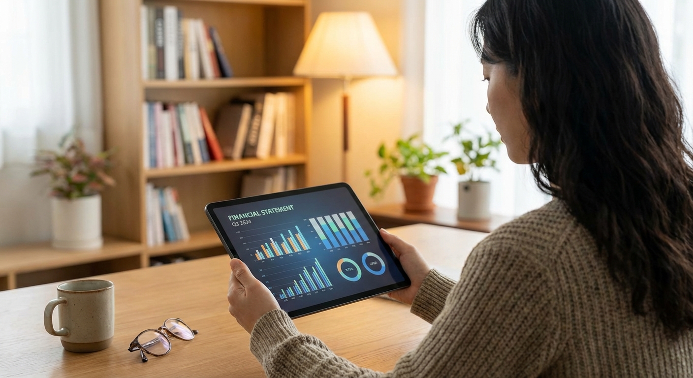 한국 성인이 태블릿으로 재무 명세서를 검토하는 어깨 너머 시점. 아늑한 홈 오피스가 흐릿하게 배경에 보인다. 부드러운 주변 조명.
