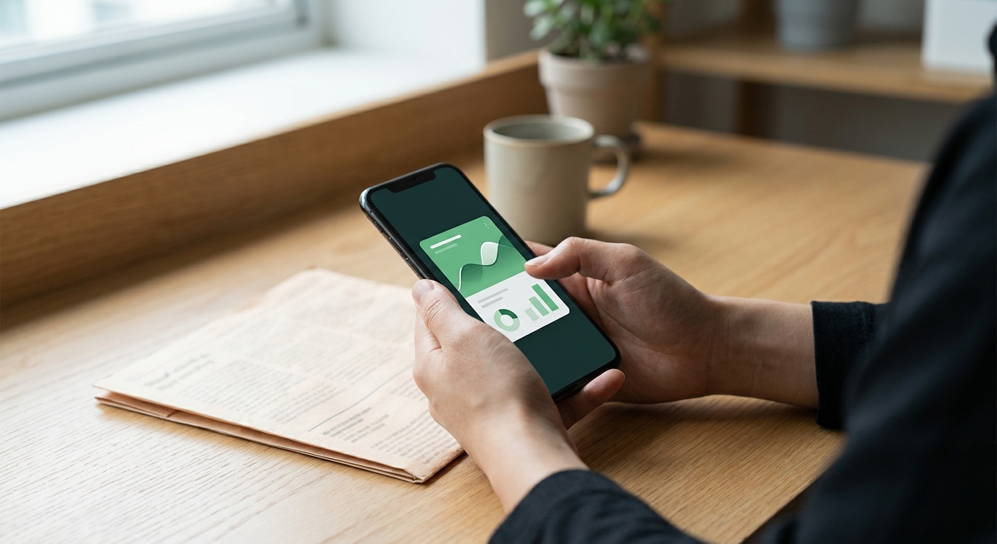 한국인 성인이 스마트폰 뱅킹 앱이나 종이 급여 명세서를 확인하며 자신의 월급을 이해하는 모습