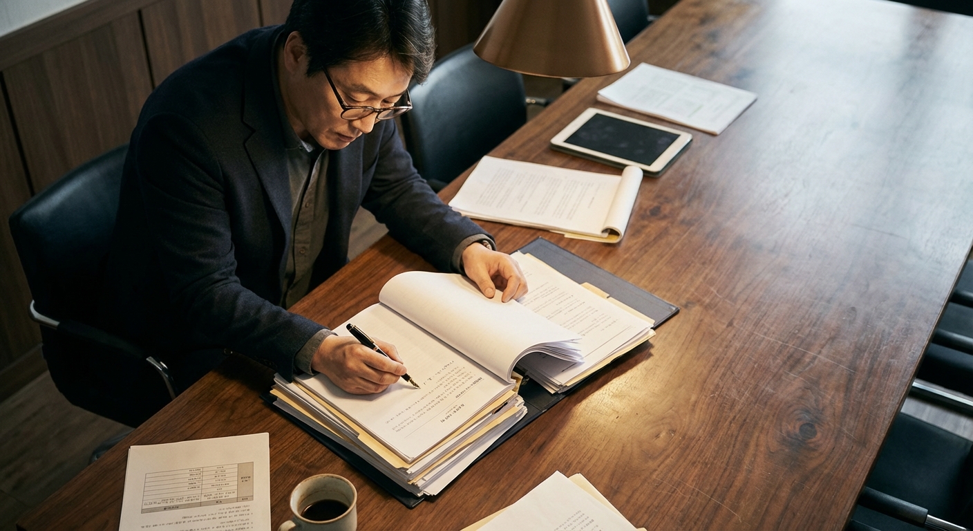 어두운 나무 회의 테이블에서 고용 계약서와 법률 문서를 검토하며 펜을 사용하는 한국인 성인(사업주)의 오버헤드 샷
