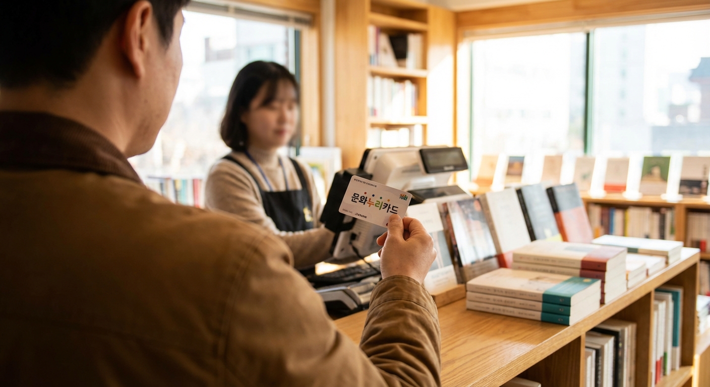 한 사람이 서점 계산대에서 문화누리카드로 책 값을 결제하고 있다. 뒷모습과 어깨 너머로 보이는 장면이다.