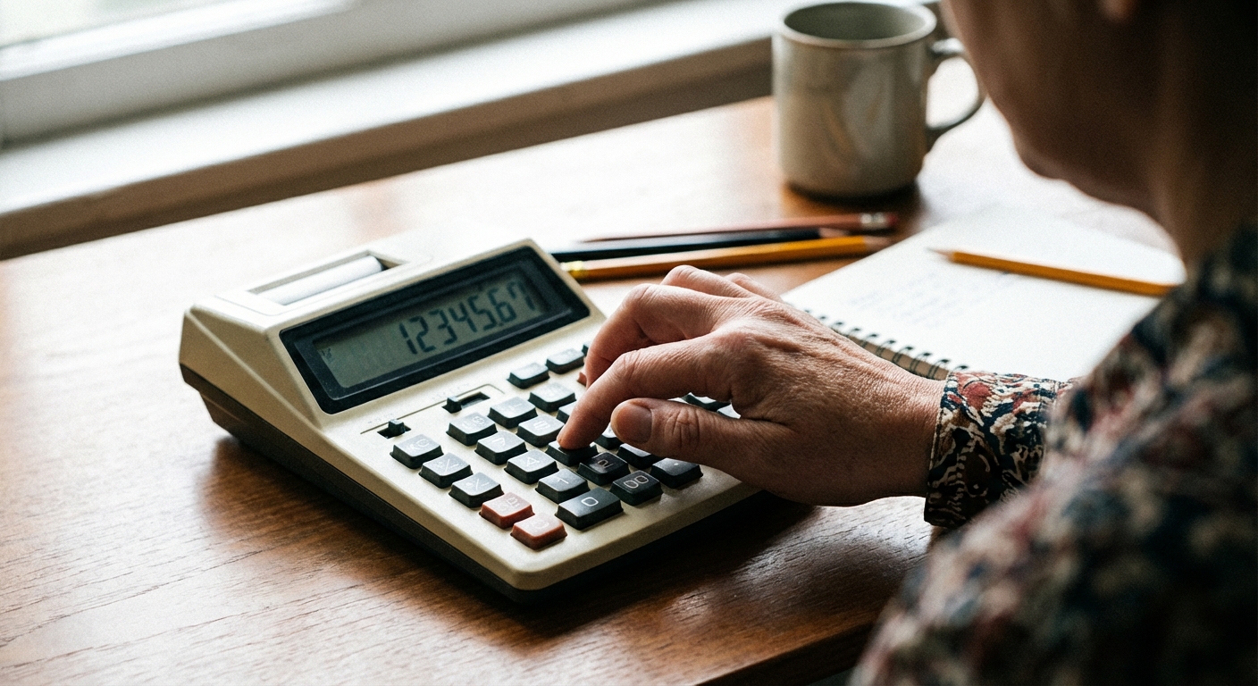 계산기 버튼을 누르는 한국인 성인의 손이 숫자를 표시하는 계산기를 보여주는 클로즈업 샷