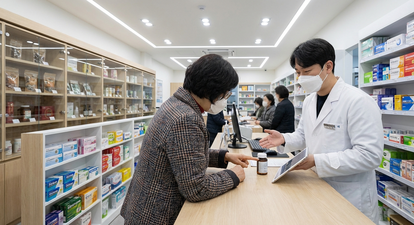 한국 성인 환자가 약국 카운터에서 약사와 약에 대해 상담하는 모습