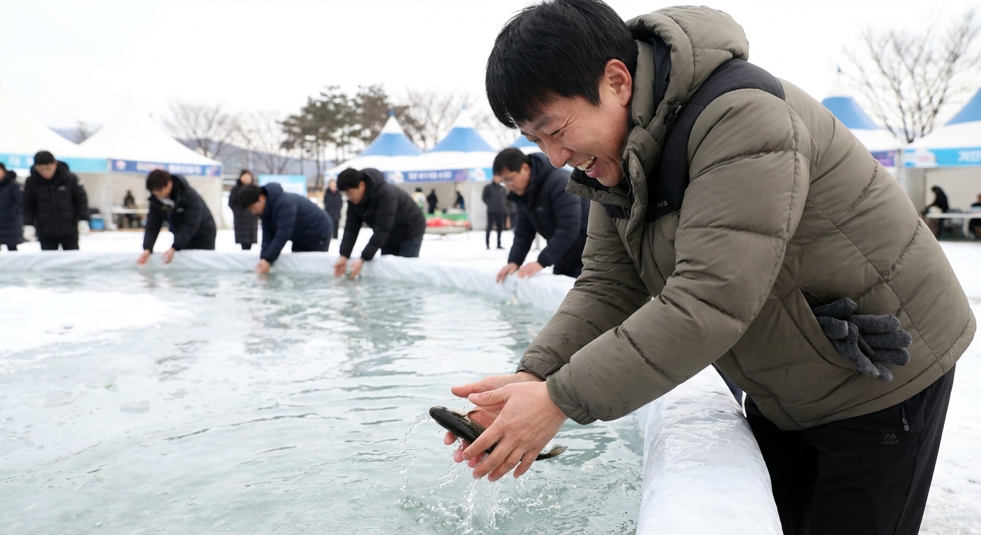 차가운 물속에서 맨손으로 산천어를 잡으려는 한국 성인 남성의 역동적인 모습.
