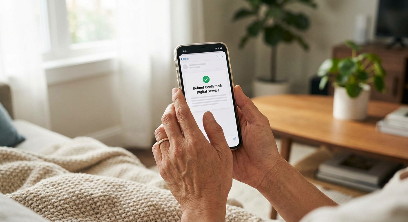 성공적인 디지털 서비스 환불 확인 이메일이 보이는 스마트폰을 들고 있는 한국 성인의 손 미디엄 클로즈업, 편안한 거실 창문에서 들어오는 자연광