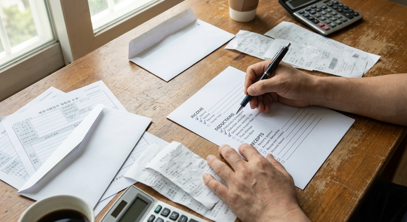 다양한 세금 관련 서류로 채워진 책상 위에서 인쇄된 체크리스트에 펜으로 항목을 표시하는 한국인 성인의 손을 위에서 촬영한 이미지.