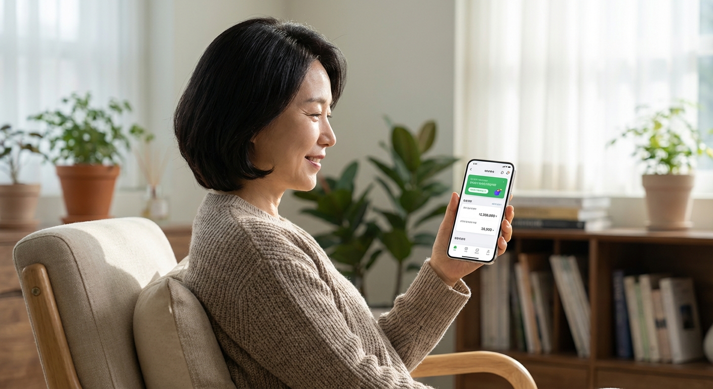 한 한국인 성인이 스마트폰으로 모바일 뱅킹 앱을 통해 월급 입금 내역을 확인하고 있다.