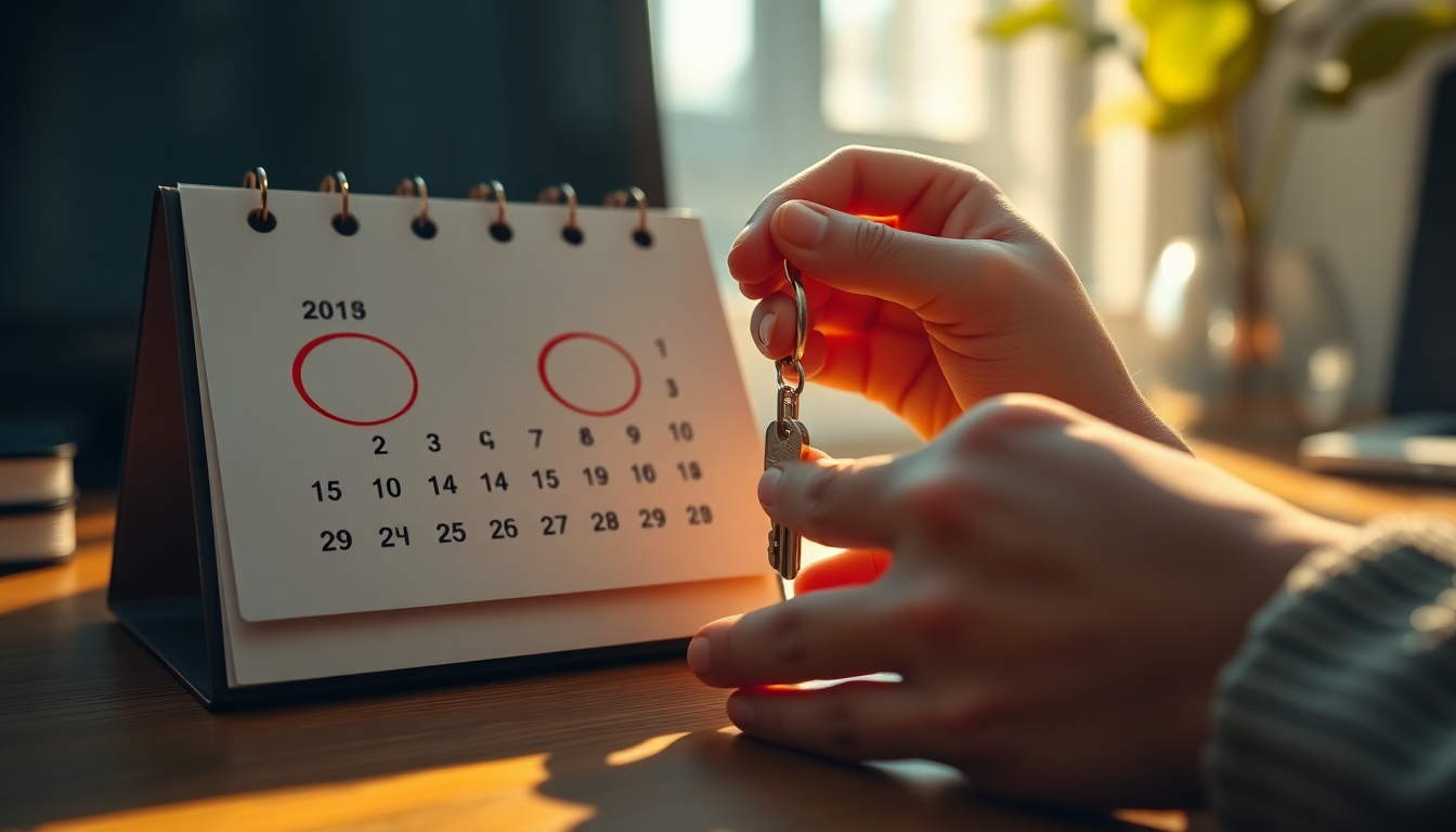 책상 위 3년이 표시된 달력 옆에 집 열쇠를 조심스럽게 내려놓는 손