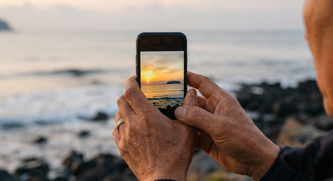 잔잔한 서해 바다 위로 떠오르는 일출을 스마트폰으로 촬영하는 한국 성인의 손 클로즈업