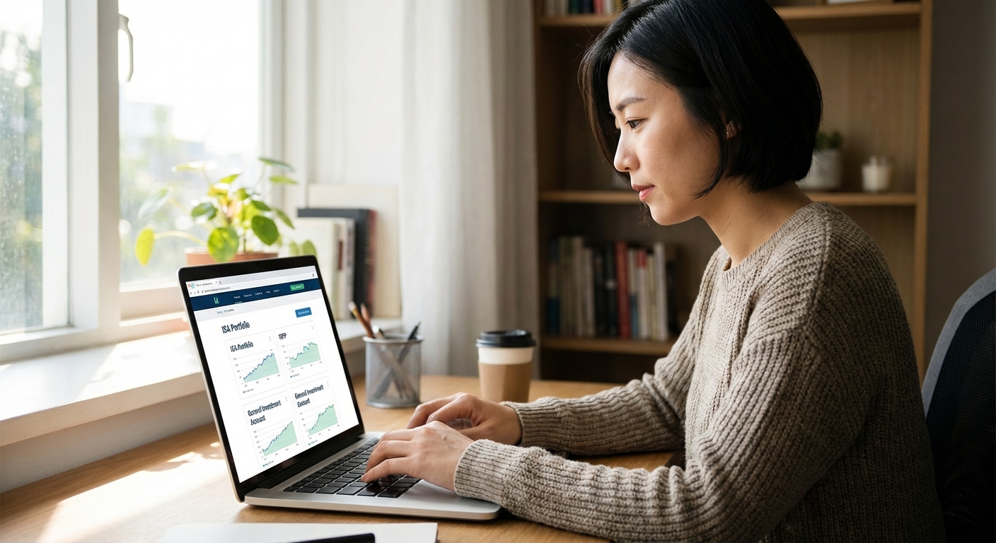 한국 성인이 ISA 및 연금 계좌와 같은 다양한 투자 계좌 옵션을 노트북 화면으로 보는 모습.