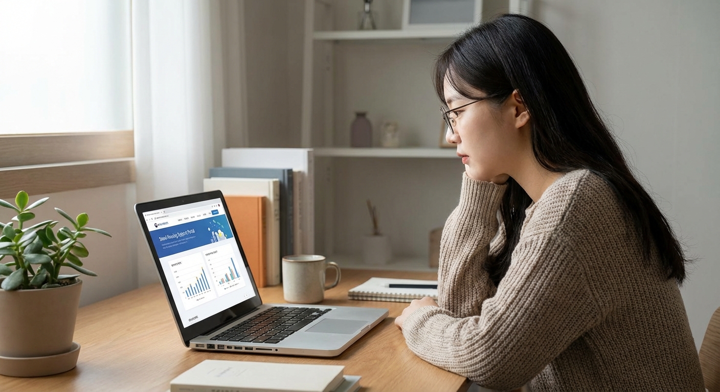 책상에 앉아 노트북으로 주거 지원 관련 웹페이지를 진지하게 보는 청년