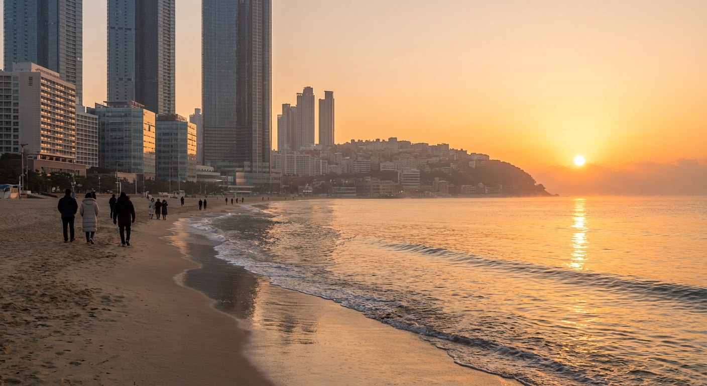 해운대 해변 위로 떠오르는 황금빛 일출과 빌딩에 반사되는 햇살.