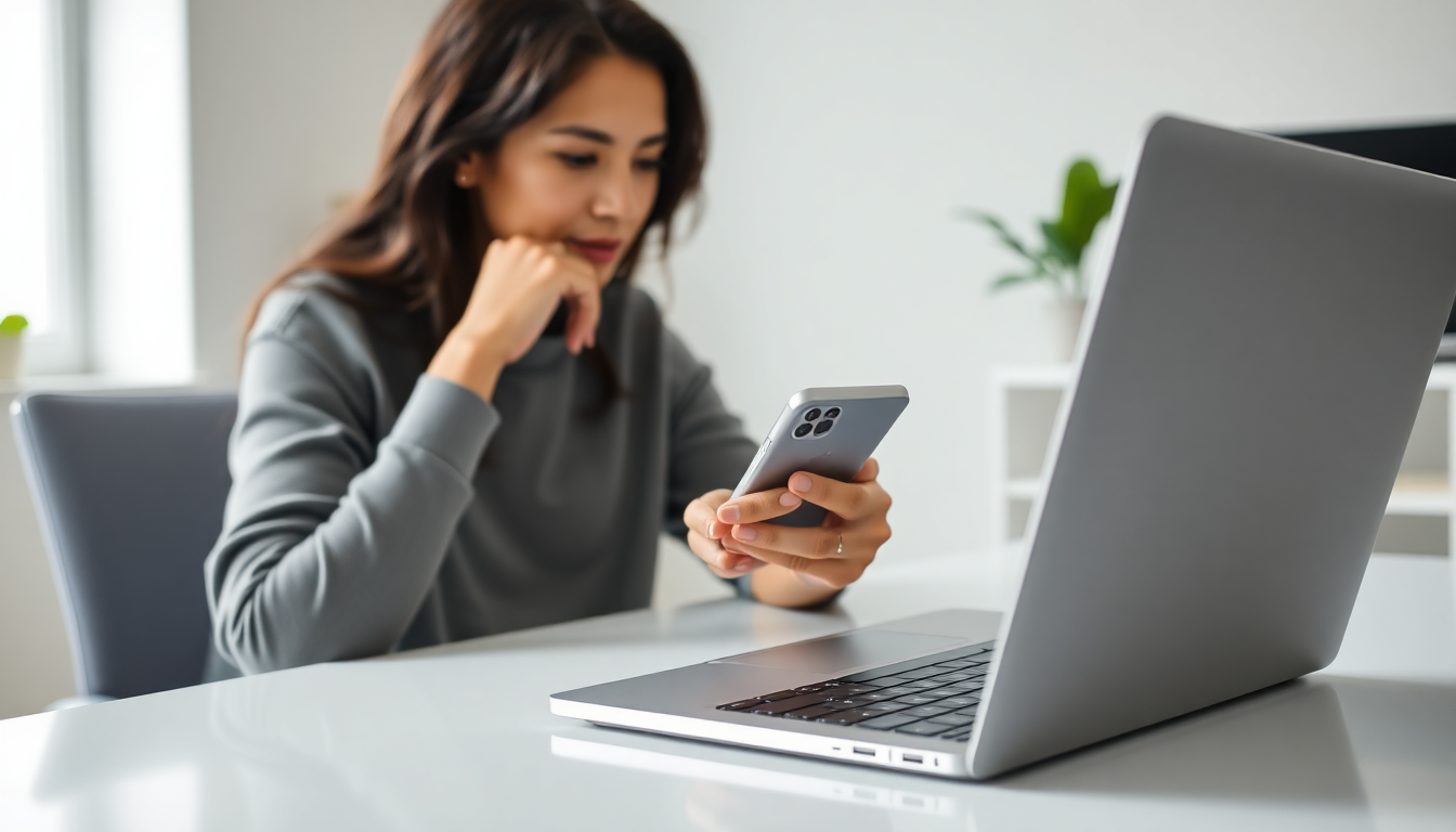 자신의 상황에 맞는 상담 방법을 선택하기 위해 스마트폰을 보며 고민하는 사람의 모습
