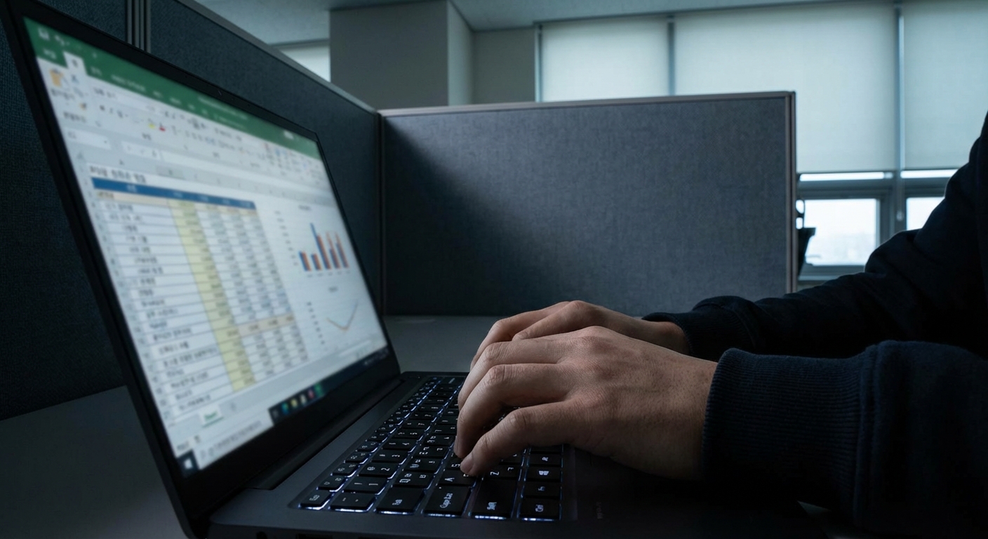 한국 성인의 손이 랩톱 키보드를 타이핑하는 로우 앵글 시점. 흐릿한 컴퓨터 화면에 재무 양식이 표시되어 있다. 어두운 사무실 환경.
