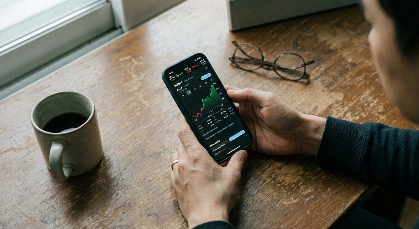 간편한 주식 투자를 하는 한국 성인의 손과 스마트폰