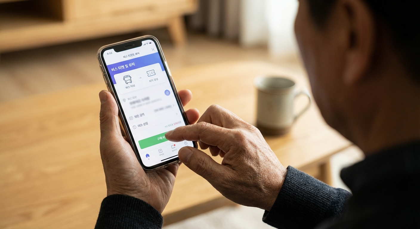 스마트폰으로 고속버스표를 예매하는 한국 성인의 손 클로즈업