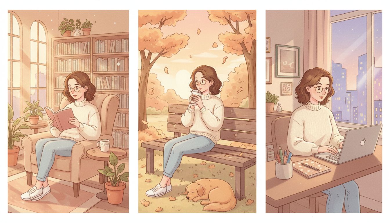 일관된 캐릭터 디자인으로 도서관에서 책 읽기, 공원에서 커피 마시기, 창가에서 노트북 작업하는 20대 한국인 여성 캐릭터 일러스트 시리즈
