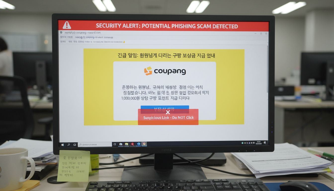 피싱 사기 경고 메시지가 표시된 컴퓨터 화면