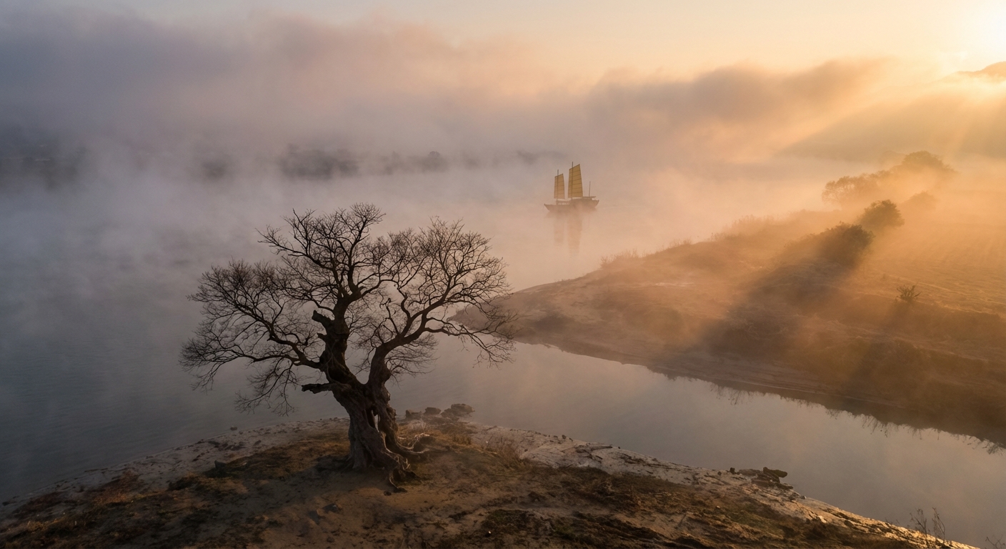 강에서 물안개가 피어오르고 느티나무와 황포돛배가 있는 양평 두물머리의 몽환적인 일출 풍경