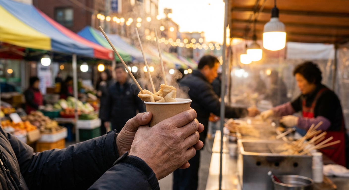 김이 나는 따뜻한 길거리 음식을 들고 있는 한국인 성인의 손이, 활기찬 전통 시장의 흐릿한 배경과 함께 클로즈업되어 있다.