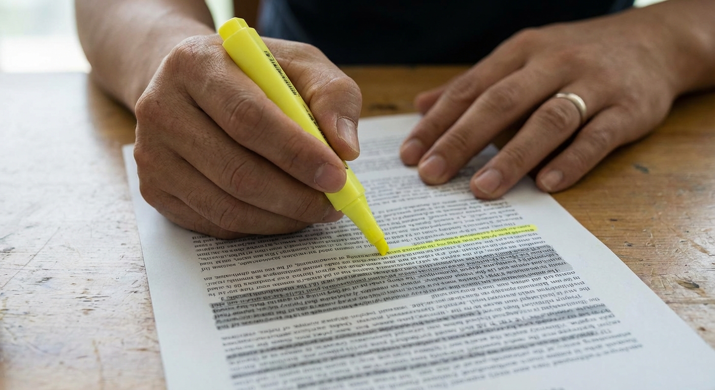 간단한 나무 책상 위 인쇄된 근로 계약서의 특정 조항을 펜으로 가리키며 강조하는 한국 성인의 손 클로즈업