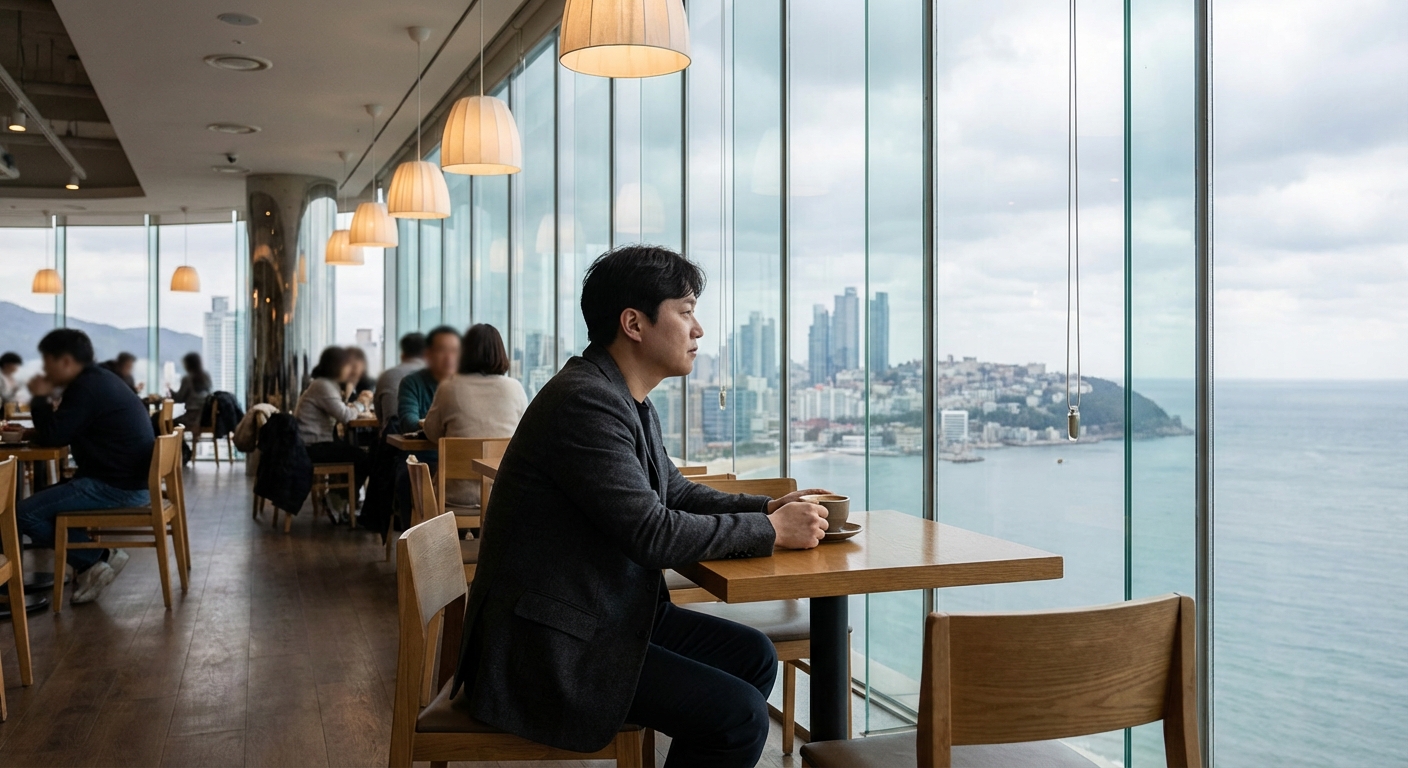 고층 카페 창가에 앉아 도시와 바다를 바라보며 커피를 마시는 한국인 성인