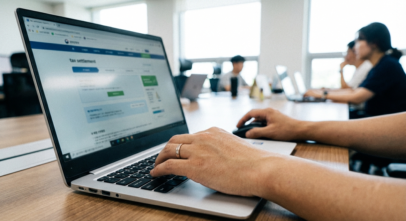 밝은 사무실에서 노트북 키보드와 마우스를 사용하여 세금 정산 웹사이트가 흐리게 보이는 화면을 조작하는 한국인 성인의 손을 담은 아이레벨 미디엄 샷 이미지.