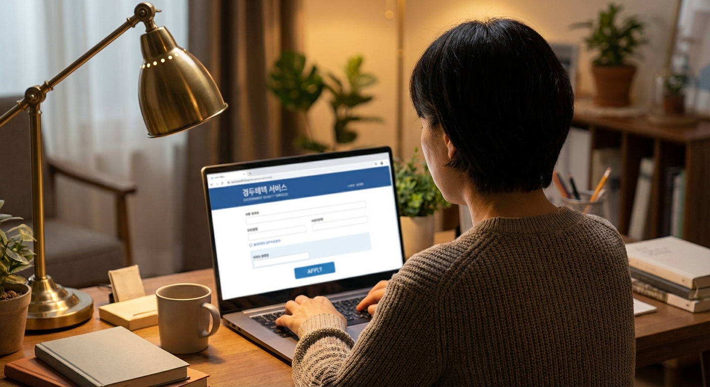 한 사람이 집에서 노트북으로 문화누리카드 온라인 신청을 하는 뒷모습.