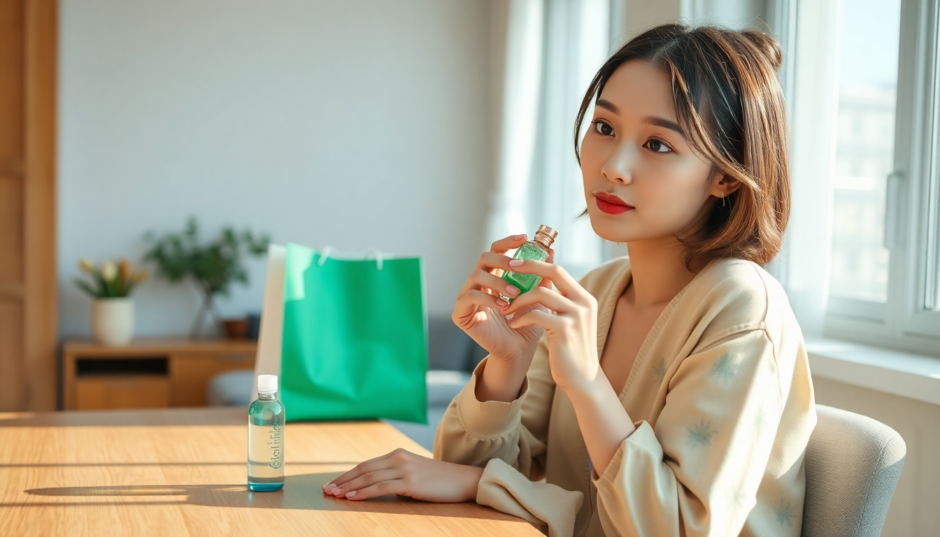 올리브영에서 구매한 화장품을 보며 환불을 고민하는 젊은 여성