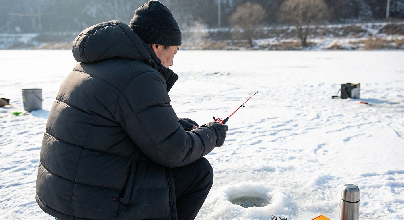 한 한국인 성인이 얼음낚시 구멍에 집중하며 낚싯대를 들고 있는 뒷모습.