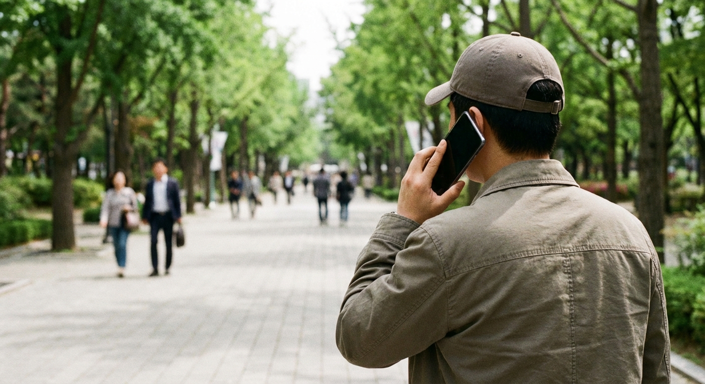 한국 성인이 깨끗한 도시 공원 길을 걸으며 스마트폰 화면을 끈 채 오디오를 듣고 있는 어깨 너머 샷.