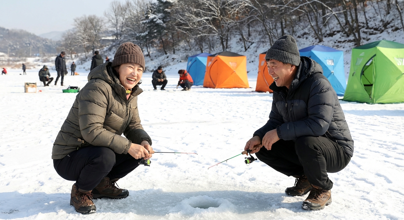 넓은 눈 덮인 얼음 강에서 다른 사람들과 다채로운 텐트를 배경으로 두 명의 한국 성인이 즐겁게 얼음낚시를 하는 모습