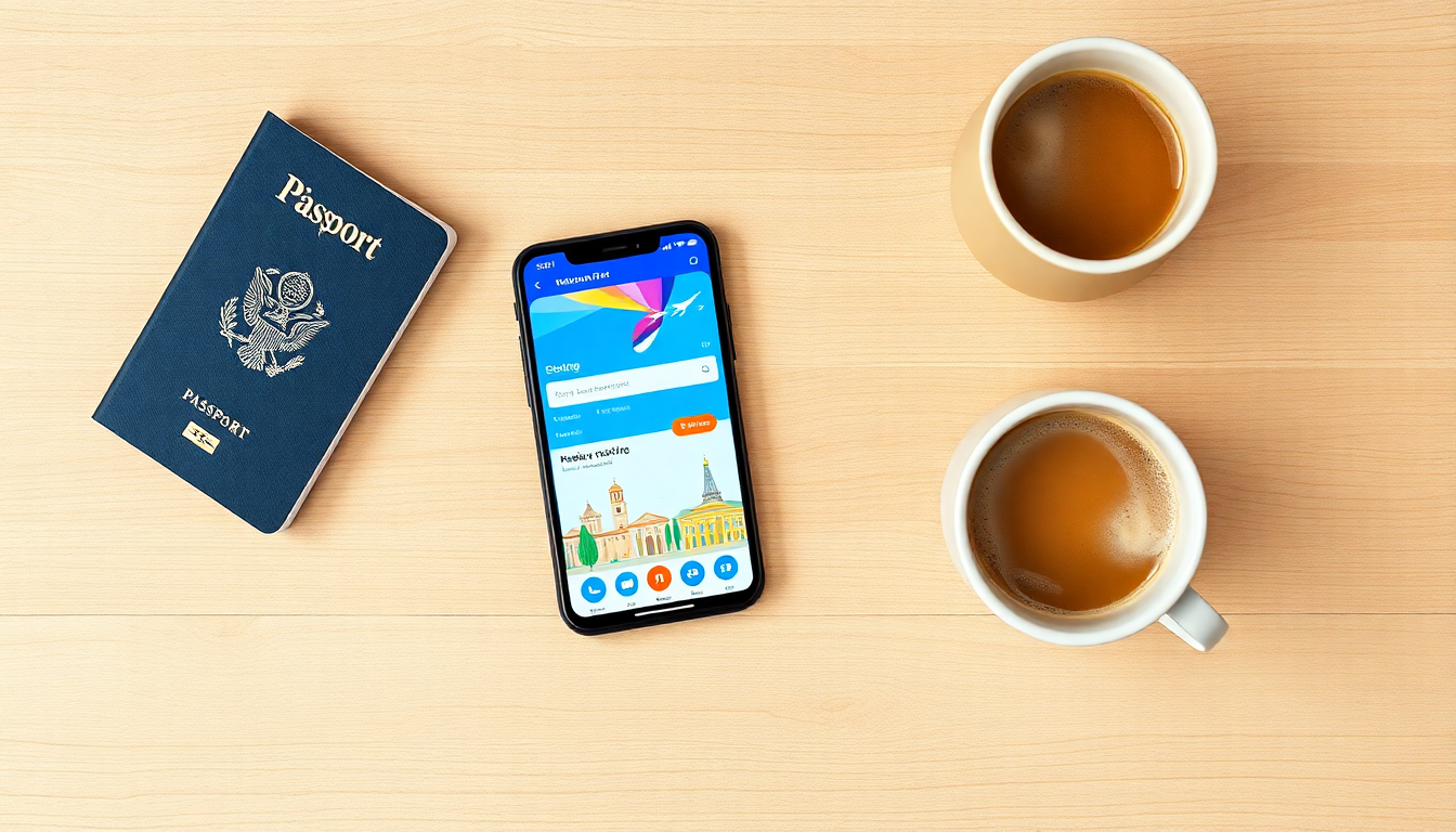 스마트폰과 신용카드로 해외여행 할인을 받으며 여행 계획을 세우는 모습