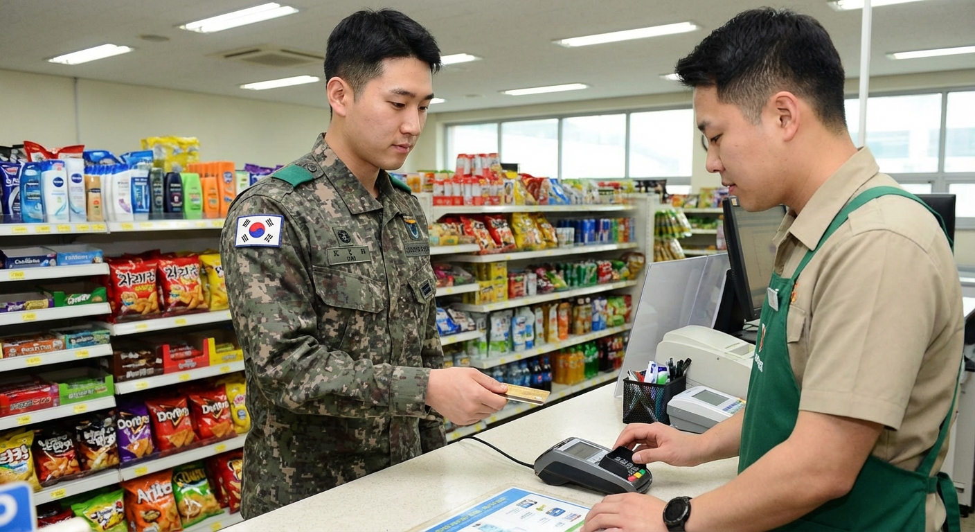물건이 잘 채워진 군인 편의점(PX) 계산대에서 실물 카드로 결제하는 한국 성인 남성 군인의 미디엄 클로즈업 샷, 밝고 고른 형광등 조명 아래.